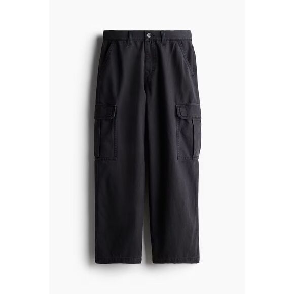 H&M H & M Divided Black Straight Wide Leg Relaxed Barrel Cargo Jean Size 4 Small - Picture 1 of 7